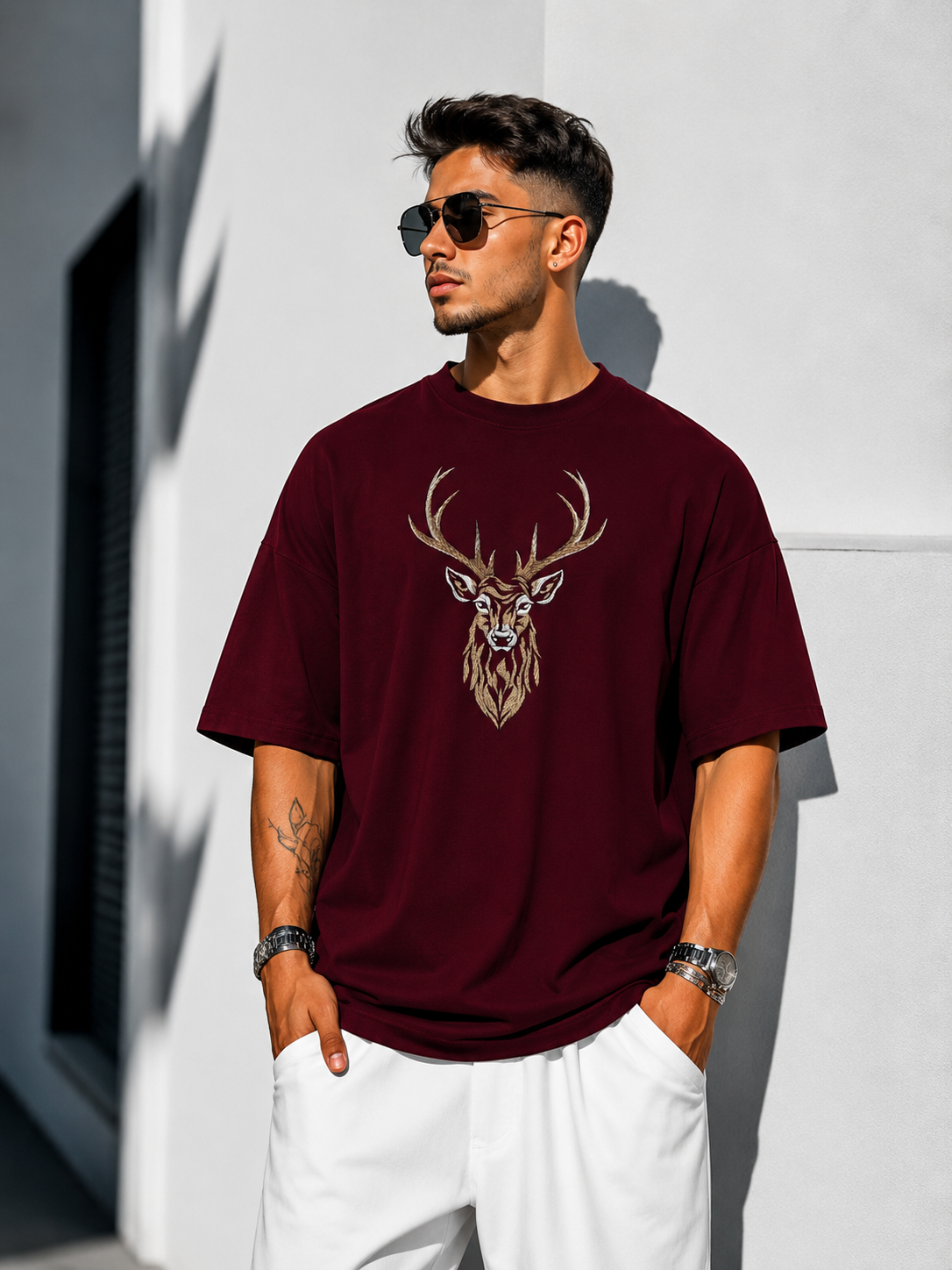 Velnox Deer Oversized Graphic T-Shirt – Maroon