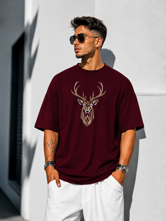 Velnox Deer Oversized Graphic T-Shirt – Maroon