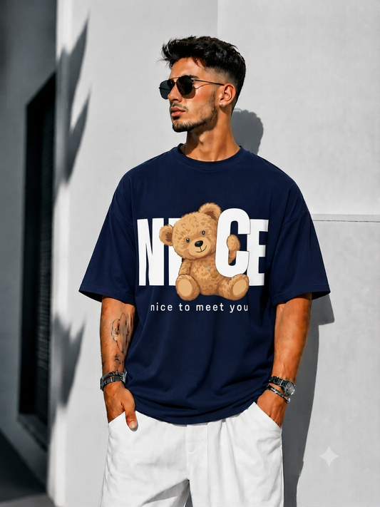 Velnox Nice Bear Oversized Graphic T-Shirt – Navy Blue